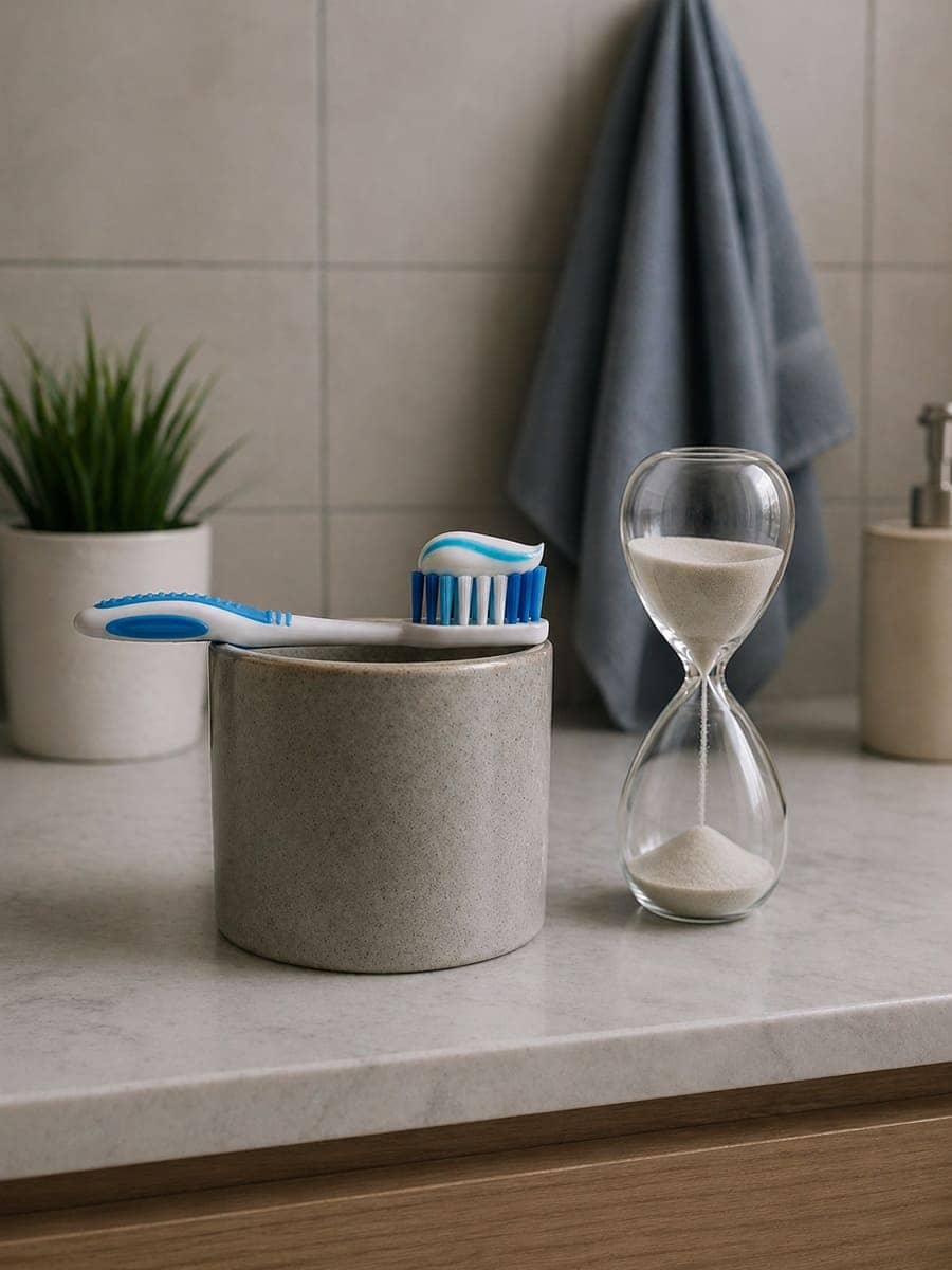 Eine Zahnbürste mit Zahncreme liegt auf einem Zahnputzbecher und eine Sanduhr steht danebenn