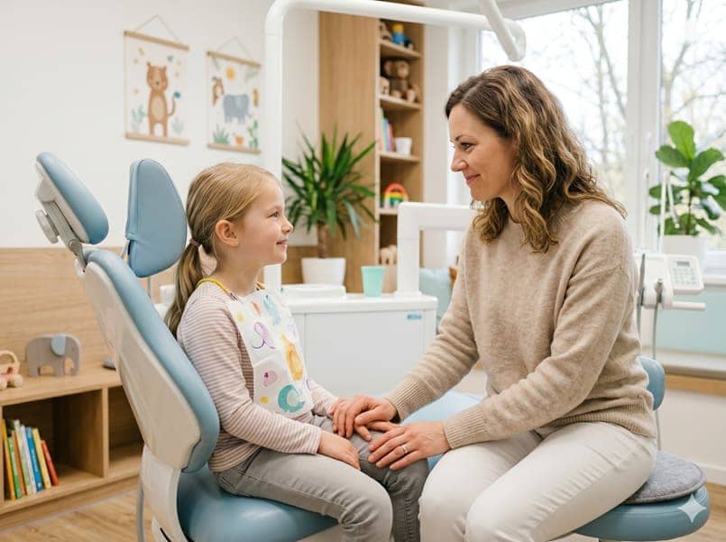 Elternteil begleitet Kind beim Zahnarztbesuch