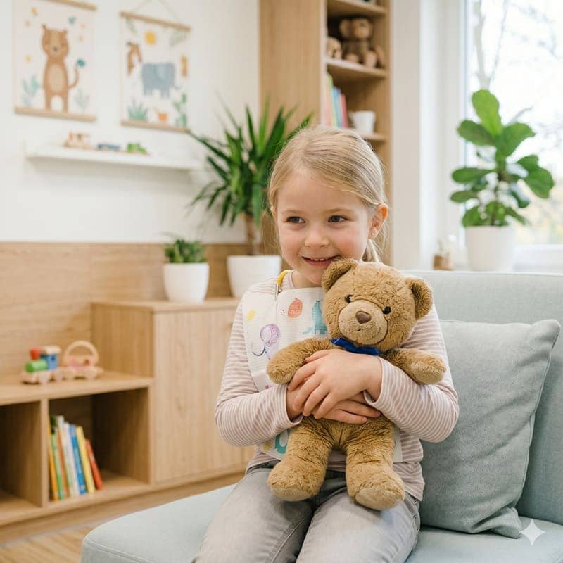 Kind mit Kuscheltier in der Zahnarztpraxis